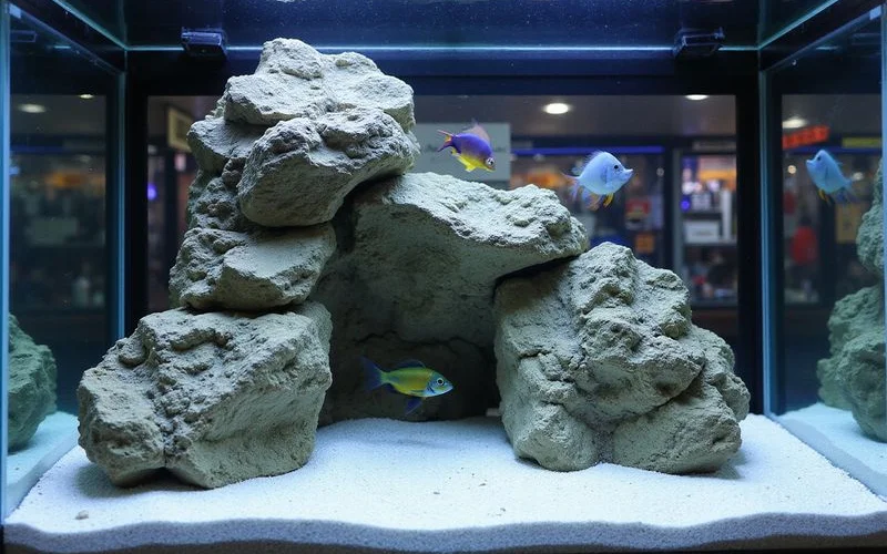 Tanganyikan cichlid display with stacked limestone rockwork at Gulf Coast Aquatics