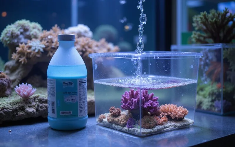 Bottle of Coral Rx with frags being dipped