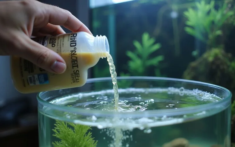 Pouring Fritz TurboStart 900 marine bottled bacteria into a saltwater tank