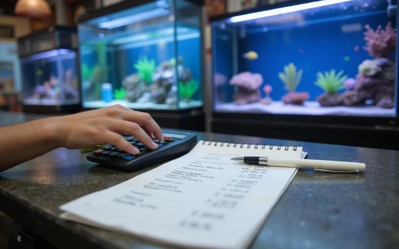 Calculator and price list laid out for reef tank budget planning