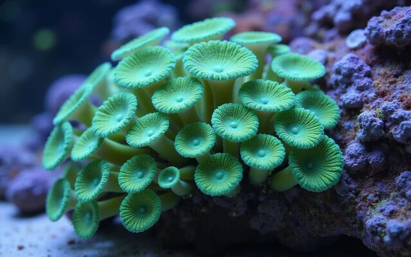 Cluster of mushroom corals spread across reef rock