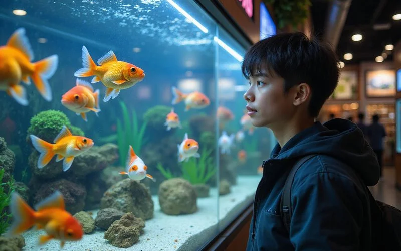 Customer browsing fancy goldfish display tanks at Gulf Coast Aquatics