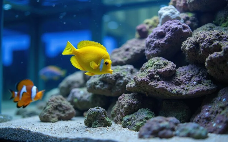 Established FOWLR aquarium with live rock and yellow tang