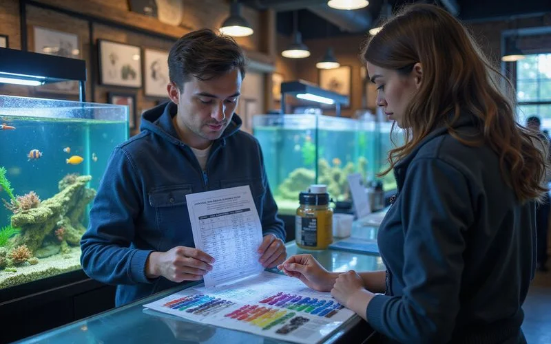 Staff reading free water test results at the counter for a customer