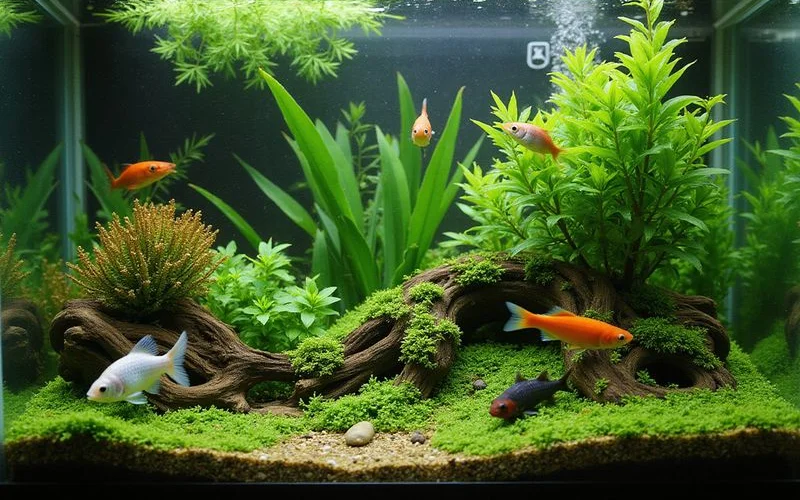 Heavily planted community aquarium with multiple peaceful species at different levels
