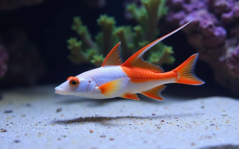 Firefish hovering over sand with dorsal fin extended