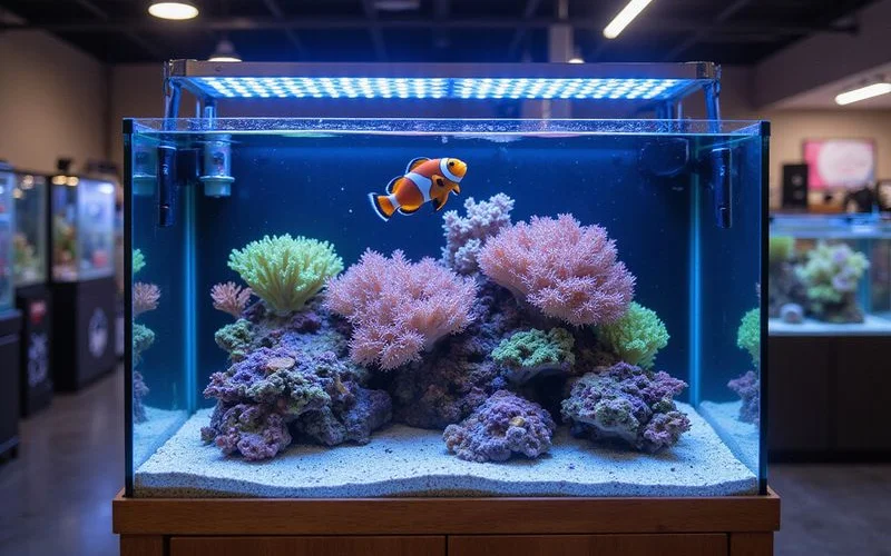 20-gallon nano reef AIO with clownfish and soft corals