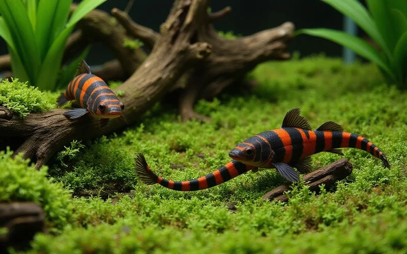 Kuhli loaches winding through java moss in a betta community tank