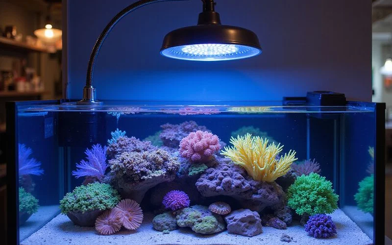 Reef tank under Kessil A360X pendant lighting showing coral color