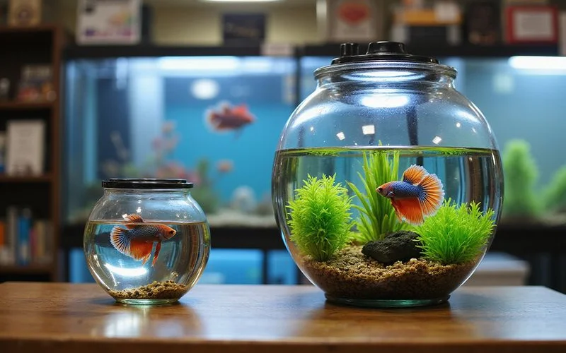 Comparison between a 1-gallon bowl and a properly set up 5-gallon betta tank