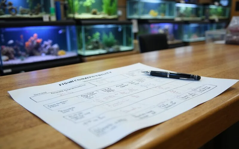 Top-down compatibility chart showing peaceful, semi-aggressive, and predatory fish groupings
