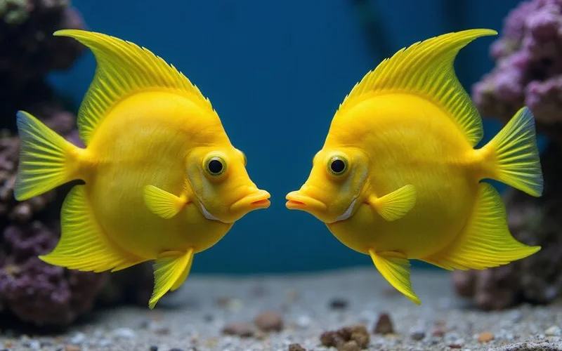Two yellow tangs facing off in territorial dispute