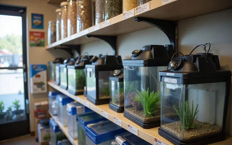 Variety of aquarium filters on retail display