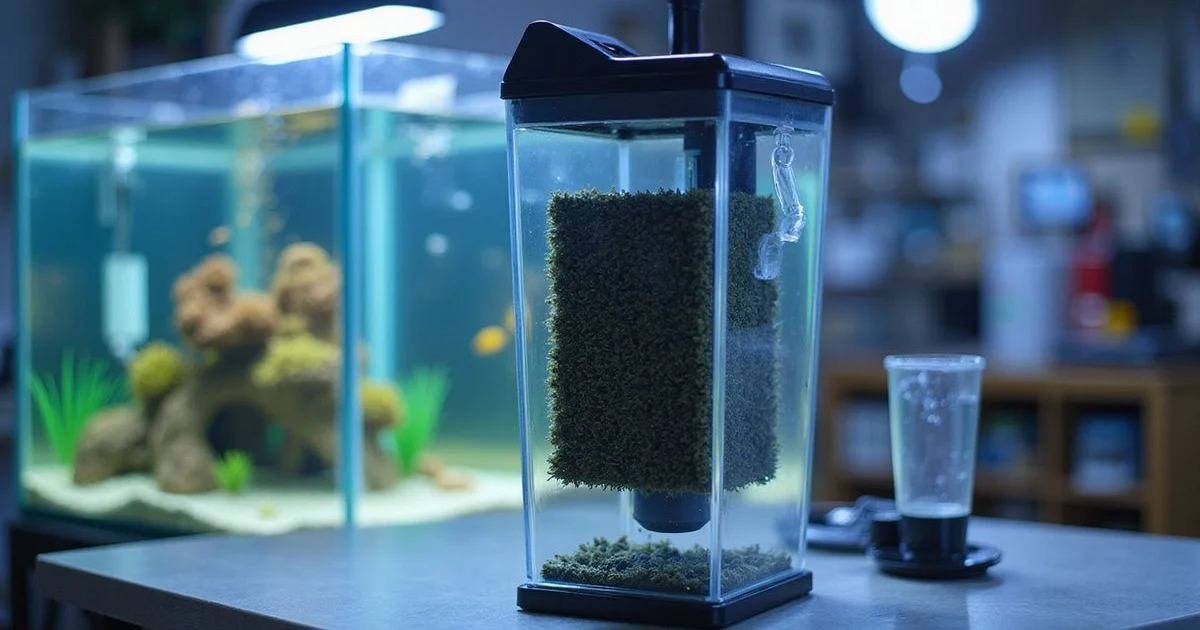 Cutaway view of a HOB filter showing biological media, sponge and water flow