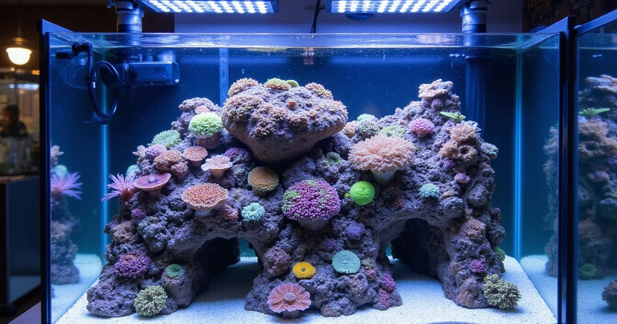 Established 90-gallon reef aquarium with corals, skimmer, and reef lighting