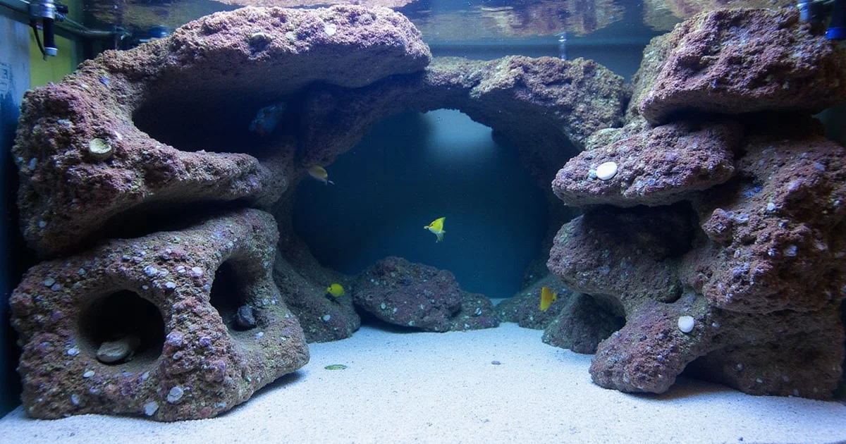 Established African Mbuna tank with stacked rockwork and crushed coral substrate