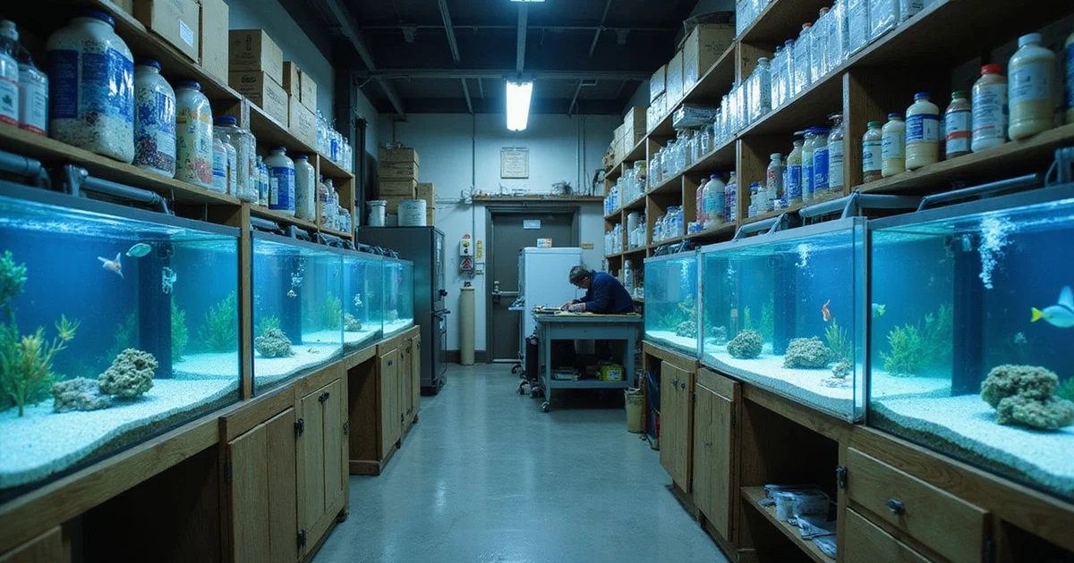 Saltwater quarantine room with rows of QT holding tanks at Gulf Coast Aquatics