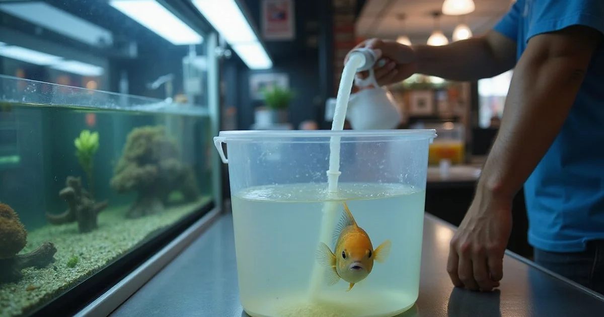Drip acclimation setup with airline tubing dripping water into a container holding a new saltwater fish