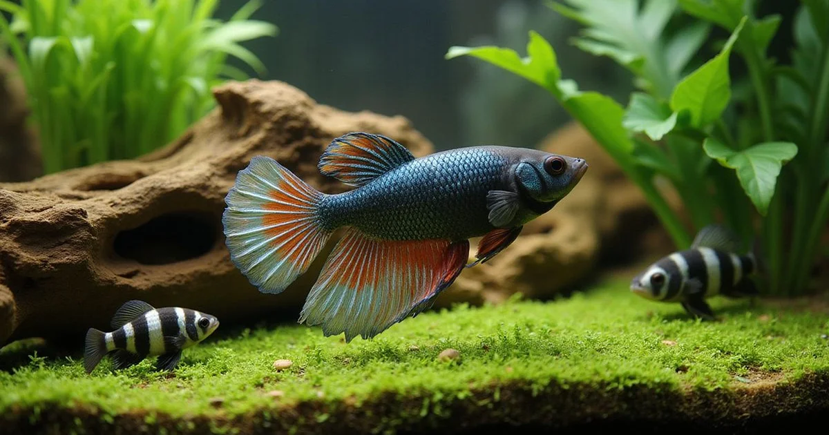 Planted 10-gallon betta community tank with halfmoon betta and harlequin rasboras
