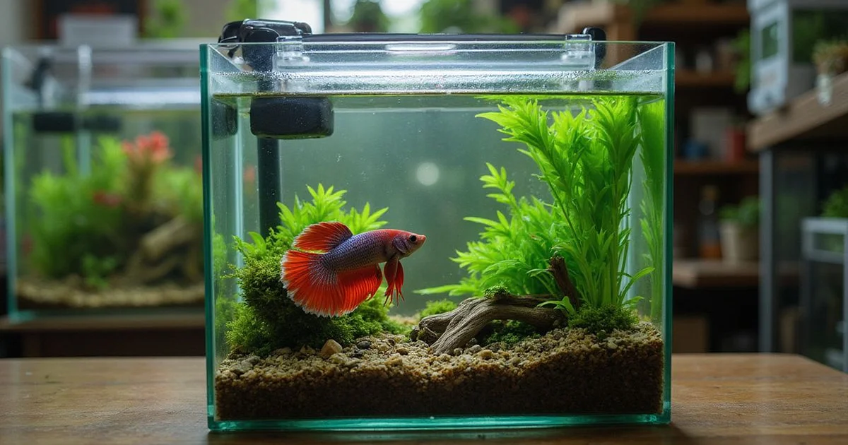 Properly set up 5-gallon betta tank with heater, sponge filter, plants and a halfmoon betta