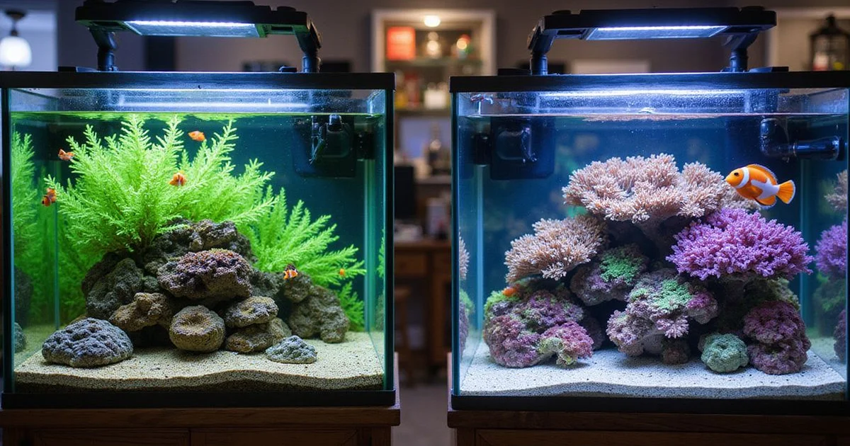 Freshwater planted aquarium next to a saltwater reef tank for comparison