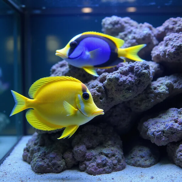 Display saltwater tank with yellow tang and royal gramma