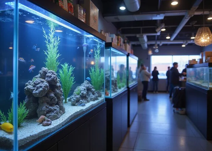 Freshwater section at Gulf Coast Aquatics with rows of display tanks